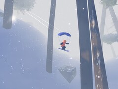 Afgebeeld: Spelerspersonage paraglidt in een dicht bos tijdens een sneeuwstorm. (Bron: Screenshot van Studio Gauntlet's Sno: Ultimate Freeriding)