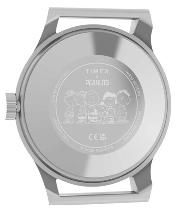 Achterkant van de Timex x Peanuts MK1 met Snoopy en andere Peanuts-personages.