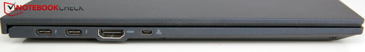 Linkerzijde: twee USB-C 3.2 Gen2-poorten met Thunderbolt 4, HDMI-poort, microHDMI-poort (LAN via een microHDMI-naar-RJ45-adapter)