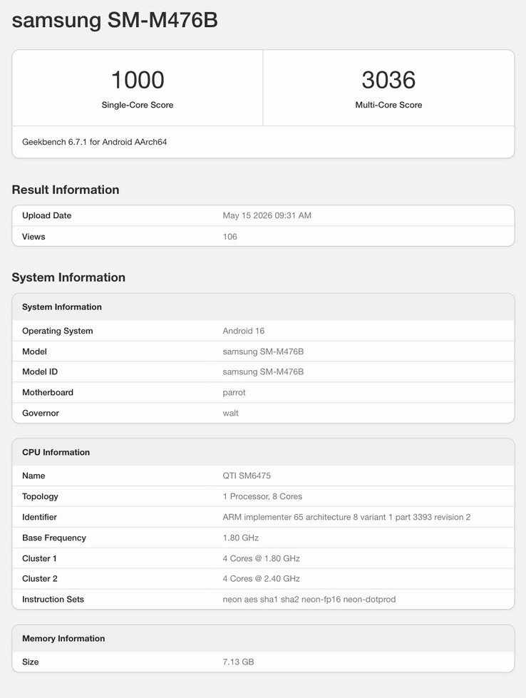 Geekbench-vermelding van de verwachte Galaxy M47 5G.