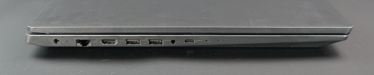 AC-connector, LAN, HDMI (up to 4K30), 2x USB 3.0, headset, USB-C (USB 3.0), microfoon, power-LED