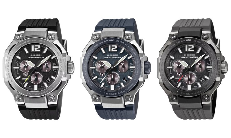 Van links naar rechts: de Casio G-Shock GWR-B3000-1A, GWR-B3000A-2A en GWR-B3000B-8A horloges