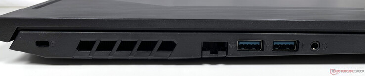 Linkerzijde: Kensington-beveiligingssleuf, Gigabit Ethernet-poort, twee USB 3.2 Gen 1 Type-A-poorten, gecombineerde hoofdtelefoon-/microfoonaansluiting