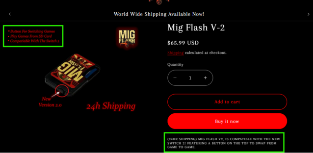 migflashunited.com claimt op twee verschillende plaatsen op de productpagina compatibiliteit met de Switch 2, ondanks dat andere sites dit niet claimen (Afbeelding Bron: migflashunited.com)