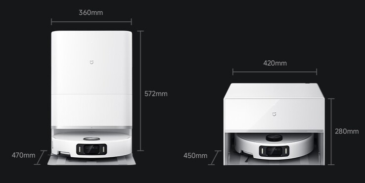 De afmetingen van de Xiaomi Mijia Robot Stofzuigermop 5 Pro Water Tank Editie (links) en Water en Afvoer Versie (rechts). (Afbeeldingsbron: Xiaomi)