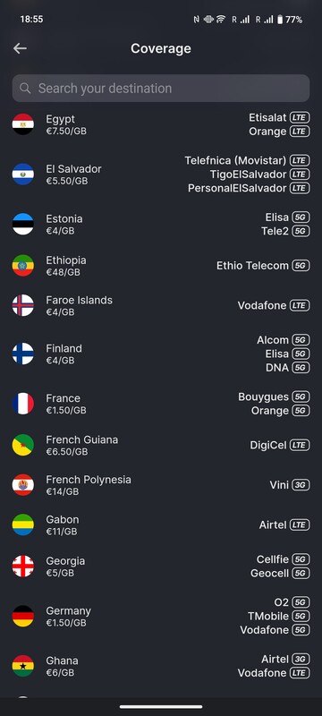 De lijst met landen toont niet alleen de Ycoin-prijs per GB, maar ook de lokale serviceprovider en netwerkstandaard.