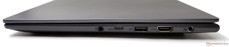 Rechts: 3,5 mm combo audio-aansluiting, USB 3.2 Gen2 Type-C (Power Delivery/DisplayPort), USB 3.2 Gen1 Type-A, HDMI 2.1 TMDS-uit, DC-in