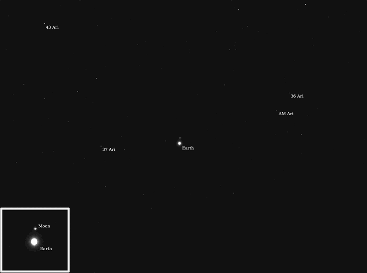 Beeld van de aarde en de maan genomen met Psyche (Beeldbron: NASA, JPL-Caltech en ASU)