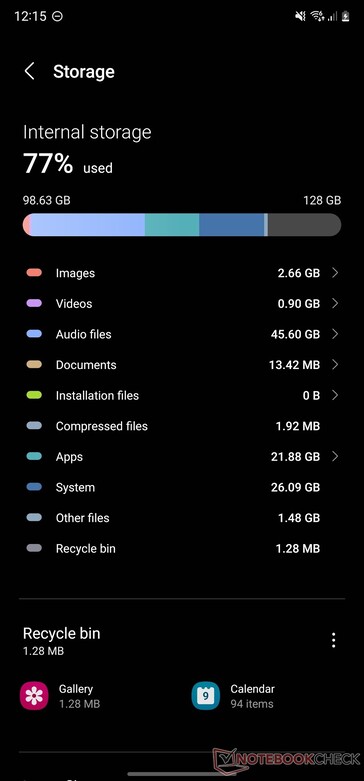 Systeemgebruik op de Galaxy S22 Ultra met 128 GB opslagruimte. (Beeldbron: NotebookCheck)