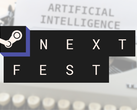 Afgebeeld - het Steam Next Fest logo over een afbeelding met een typerwiter en de tekst "Artificial Intelligence" op het papier.