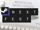 Afgebeeld - het Steam Next Fest logo over een afbeelding met een typerwiter en de tekst "Artificial Intelligence" op het papier.