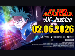 Belangrijke visualisatie voor My Hero Academia: All's Justice waarop Izuku Midoriya te zien is die naar voren reikt met gloeiende energie-effecten en de releasedatum 02 juni 2026. (Bron: YouTube)