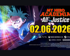 Belangrijke visualisatie voor My Hero Academia: All's Justice waarop Izuku Midoriya te zien is die naar voren reikt met gloeiende energie-effecten en de releasedatum 02 juni 2026. (Bron: YouTube)
