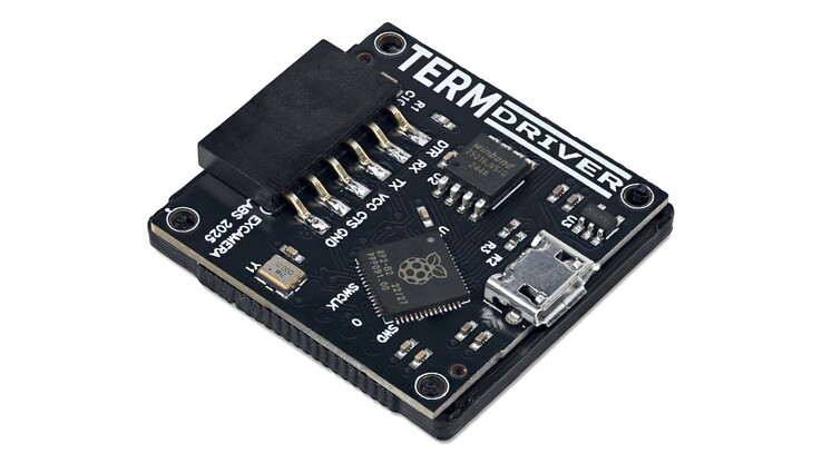 Onderaanzicht van de TermDriver 2 USB-naar-seriële adapter met de RP2040 microcontroller, micro-USB-poort, UART-header en ondersteunende schakelingen