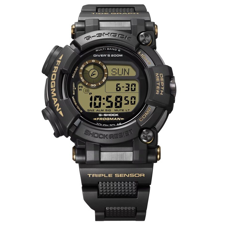 Casio G-Shock Frogman GWF-D1000BC-1JF met een volledig zwarte kast, bruine accenten en een band van een composietmateriaal van metaal en hars.
