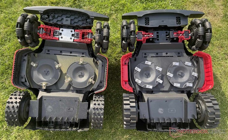 De Dreame A3 AWD Pro (links) heeft de robuustere voorwielophanging, terwijl de Mova LiDAX Ultra AWD (rechts) twee keer zoveel bladen heeft