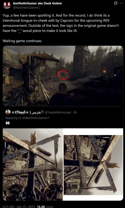 Dusk Golem Resident Evil 9 wegwijzer commentaar op X (Afbeelding bron: AestheticGamer aka Dusk Golem X account)