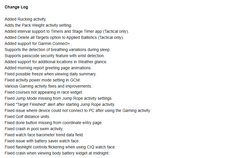 De versie 9.20 release notes voor de Garmin Instinct 3 AMOLED smartwatch. (Afbeelding bron: Garmin)
