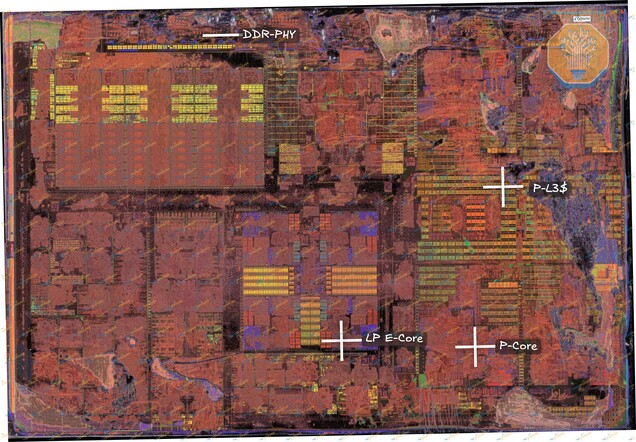 De 18A Panther Lake-rekenmodule van Intel, met CPU-kernen, cache en geheugeninterfaces.