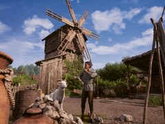 Een afbeelding waarop een boer en een molen te zien zijn in Medieval Dynasty.