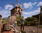 Een afbeelding waarop een boer en een molen te zien zijn in Medieval Dynasty.