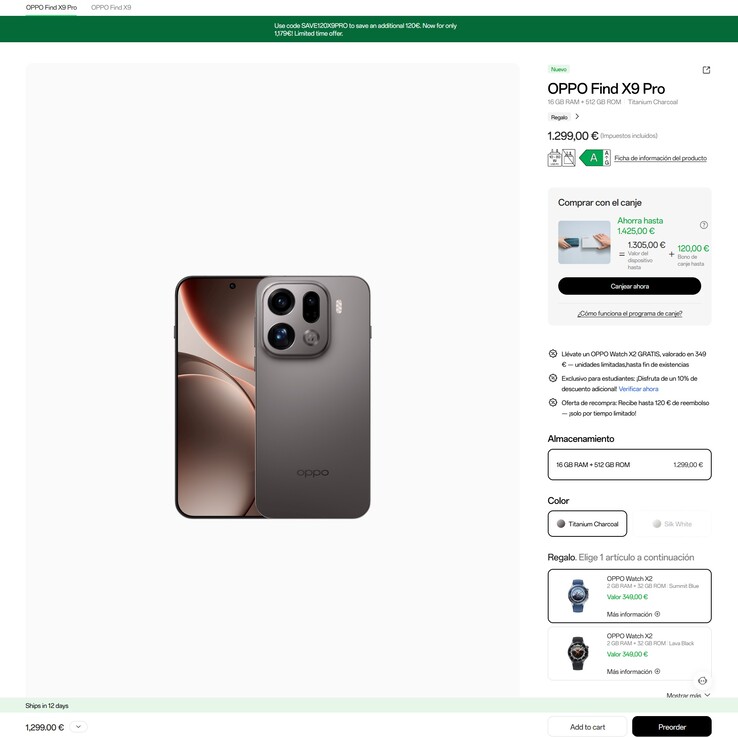 In Spanje krijgen kopers €120 korting op de Oppo Find X9 Pro en een gratis Oppo Watch X2.