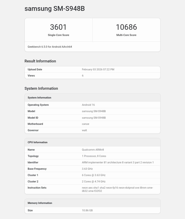 Samsung Galaxy S26 Ultra Geekbench resultaat.