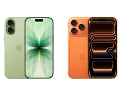 Zij-aan-zij-afbeelding van de groene iPhone 17 met dubbele camera's en de oranje iPhone 17 Pro met drievoudige camera's. (Afbeeldingsbron: Apple)