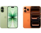 Zij-aan-zij-afbeelding van de groene iPhone 17 met dubbele camera's en de oranje iPhone 17 Pro met drievoudige camera's. (Afbeeldingsbron: Apple)