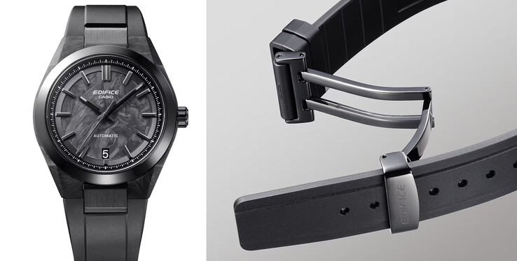 De EFK-100XPB-1AJF maakt gebruik van een kast van koolstofvezel en een band van hars om het gewicht van het horloge terug te brengen tot slechts 87 gram (3,1 oz.). (Afbeeldingsbron: Casio Japan)