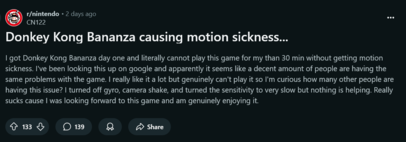 Reddit-post #1 over bewegingsziekte bij Donkey Kong Bananza (bron: screenshot, Nintendo subreddit)