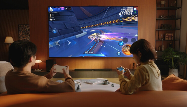 De Huawei Mate TV Pro streamt draadloos gameplay vanaf een smartphone en wordt bediend met de ongebruikelijke trackpad-afstandsbediening. (Afbeeldingsbron: Huawei)