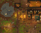 RimWorld-gameplayscreenshot van een kolonie die wordt aangevallen, met branden, dieren en gebouwen.