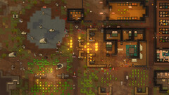 RimWorld-gameplayscreenshot van een kolonie die wordt aangevallen, met branden, dieren en gebouwen.