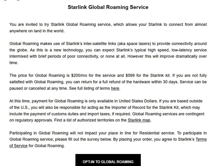 SpaceX's nieuwe Starlink Global Roaming dienst memo