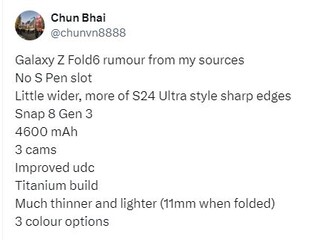 Aankomende Galaxy Z Fold 6 lekt naar incrementele upgrades. (Bron: Chun Bhai via Twitter)