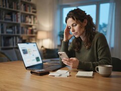 Een vrouw zit aan een bureau en kijkt naar haar smartphone; ernaast liggen een laptop, bonnetjes en een notitieblok