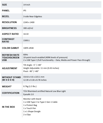 Lenovo ThinkVision M14T Gen 2 - Specificaties. (Afbeelding Bron: Lenovo)