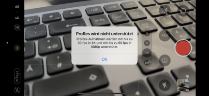 ProRes-opname is beperkt tot 4k/30FPS of 1080p/60FPS.