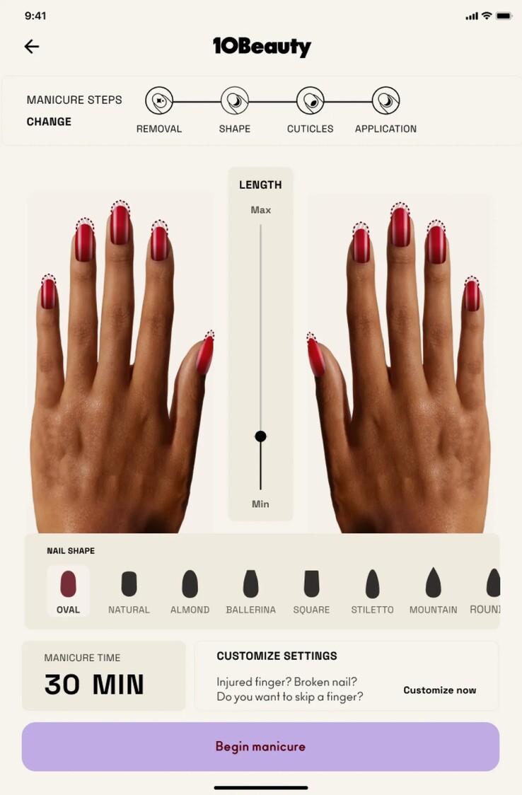 Alle aspecten van een manicure van 10Beauty, zoals kniplengte, tipvorm en meer, kunnen worden aangepast. (Bron: 10Beauty)