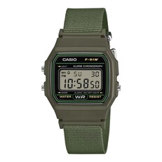 Casio F-91WF-1A digitaal horloge met een olijfgroene kast en een bijpassende geweven stoffen band.