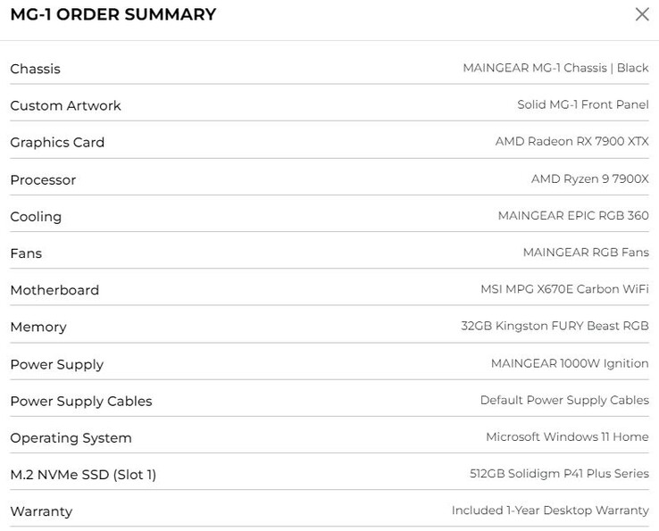 Maingear MG-1 US$3.681 bouwen met AMD Ryzen 9 CPU en RX 7000 Series GPU (Bron: Eigen)