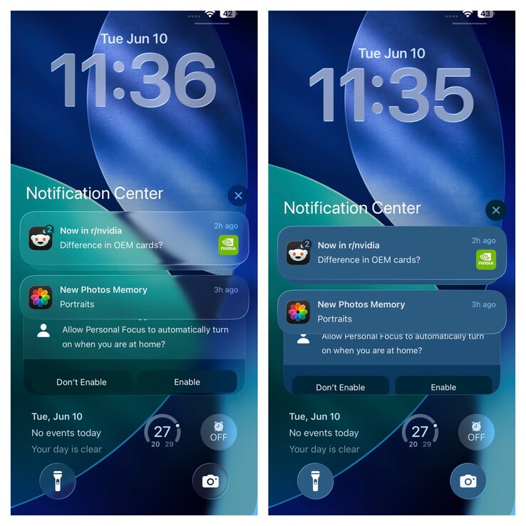 iOS 26 Vergrendelscherm met en zonder transparantie. (Afbeeldingsbron: Vaidyanathan S. op X)