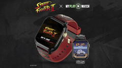 Street Fighter II: My Play Watch-gaminghorloge met een rode band, goudkleurige details en een tweede horlogedisplay, tegen een donkere achtergrond met textuur.