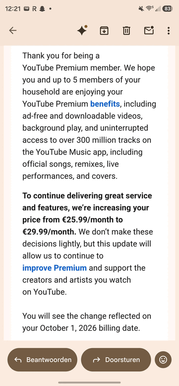 E-mail over de prijsverhoging van YouTube Premium voor gezinnen