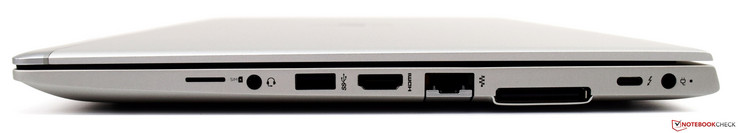 Rechterkant: Micro-SIM, gecombineerde audiopoort, USB 3.1 Gen 1, HDMI 1.4b, RJ-45, docking port, Thunderbolt (USB Type-C), stroomaansluiting
