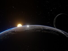 Een illustratie van een kunstenaar met de aarde, de maan en de zon.