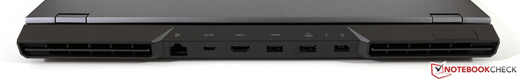 Achterzijde: Gigabit-Ethernet, USB-C 3.2 Gen.2 (Power Delivery, DisplayPort 1.4), HDMI 2.1, USB-A 3.2 Gen.1, USB-A 3.2 Gen.1 (Powered), voeding (Slim Tip)