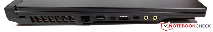 Links: Kensington Lock, RJ45, HDMI 2.0, Mini-DisplayPort 1.2, USB-A 3.1 Gen.2, USB-C 3.1 Gen.2, 3.5-mm-koptelefoon, 3.5-mm-microfoon