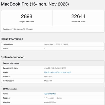 Geekbench 7-resultaat van de Apple M3 Max.